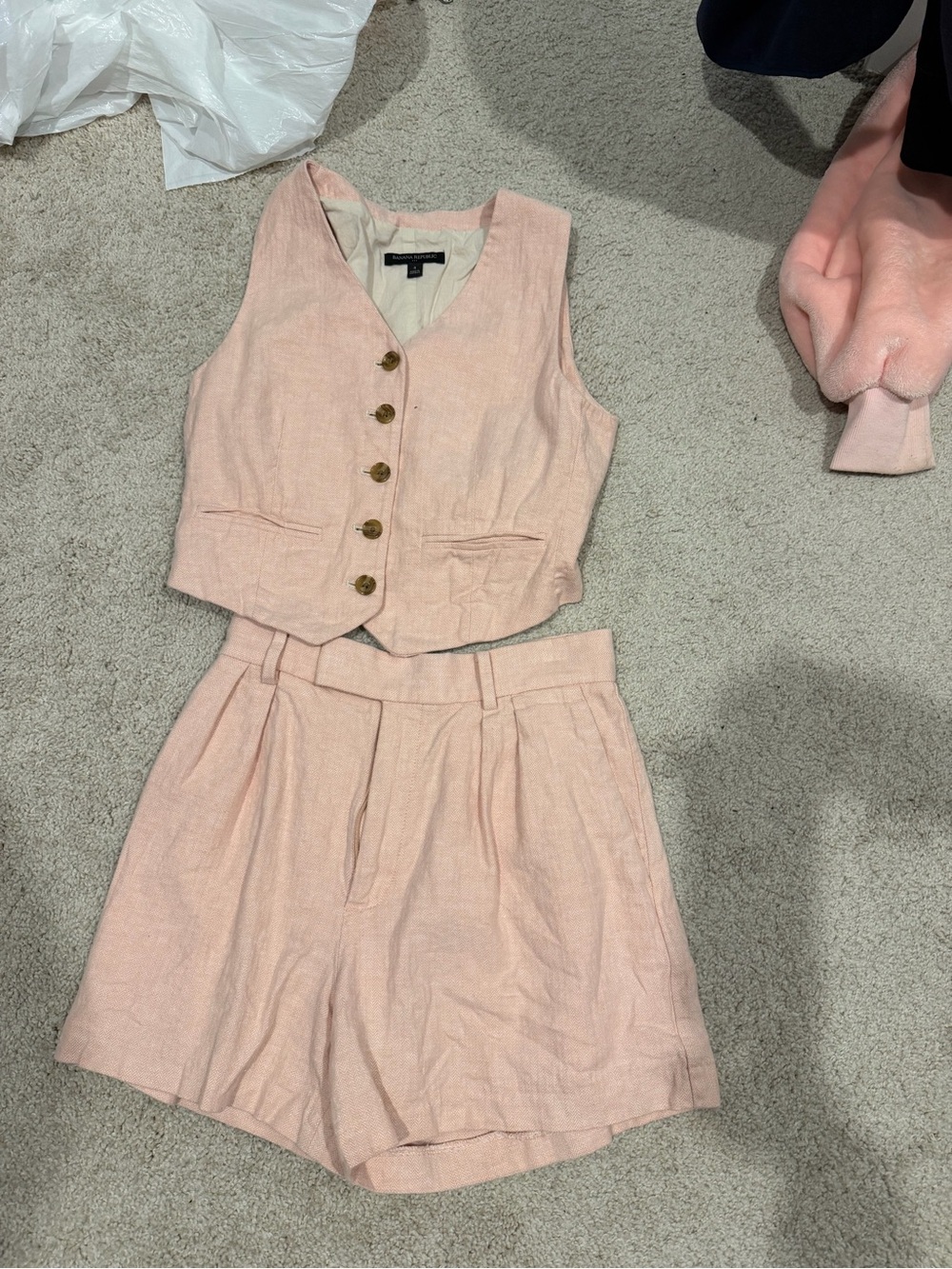 Banana Republic Pink Linen Blend Vest and High-Waist Shorts Set